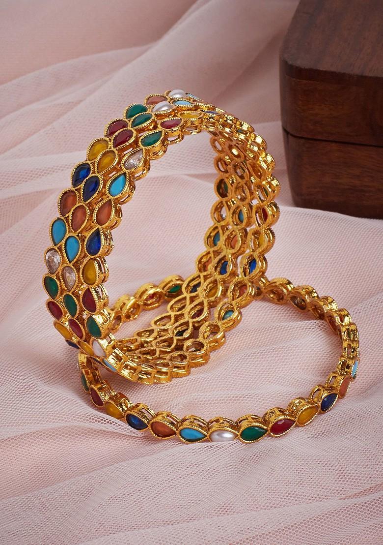 Set Of 4 Gold Plated Multicolored Stone Studded Bangles