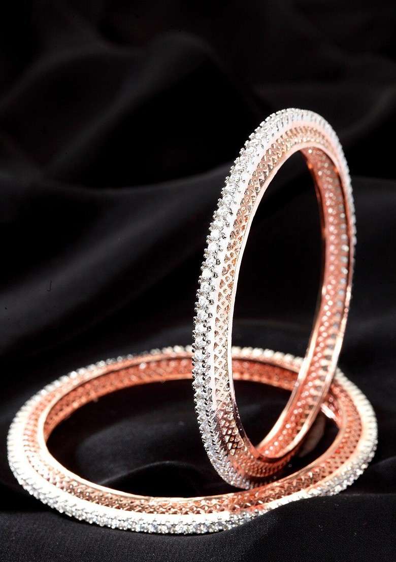 Set Of 2 Rose Gold Plated White Ad Studded Handcrafted Bangles - Indya