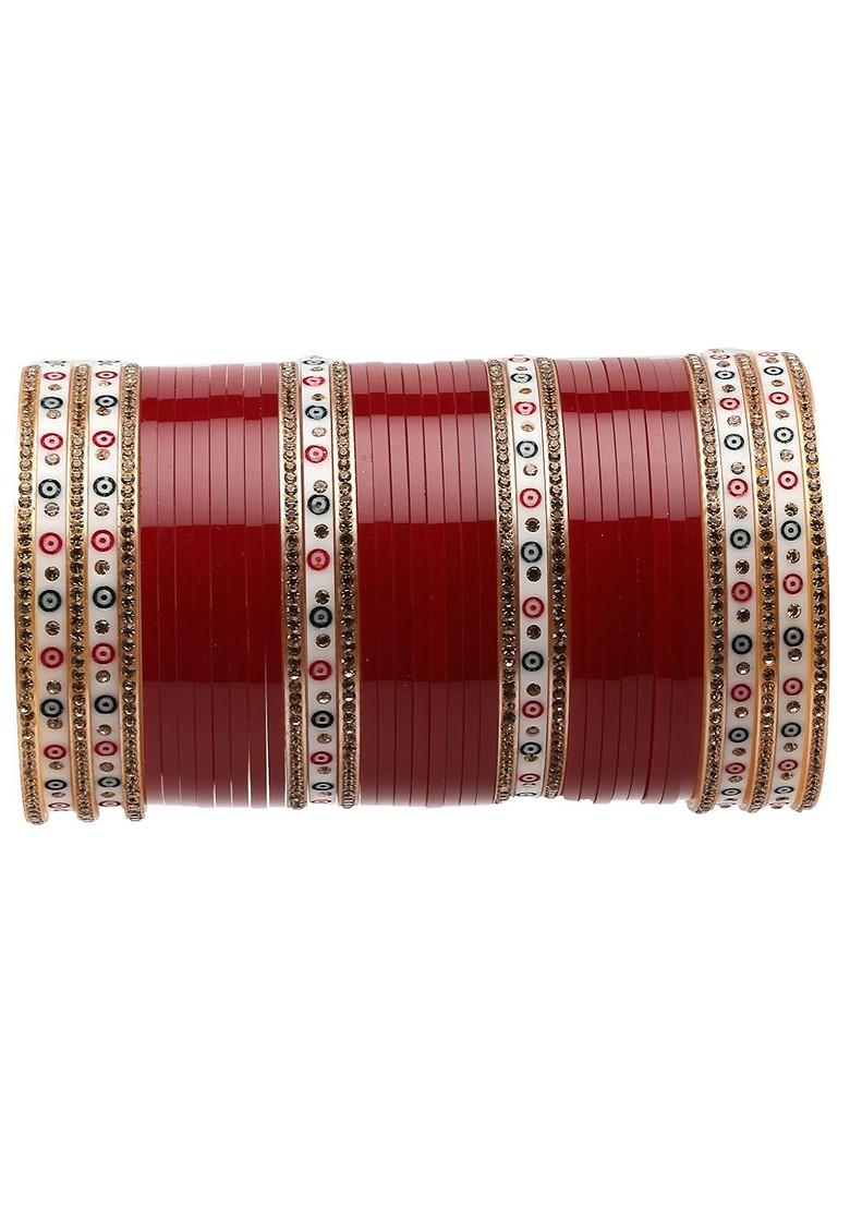 Set Of 80 Gold Plated Maroon Cz Stone Studded Wedding Chuda Set