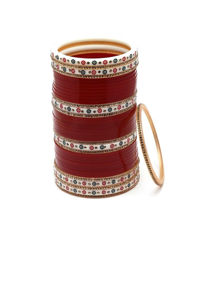 Set Of 80 Gold Plated Maroon Cz Stone Studded Wedding Chuda Set