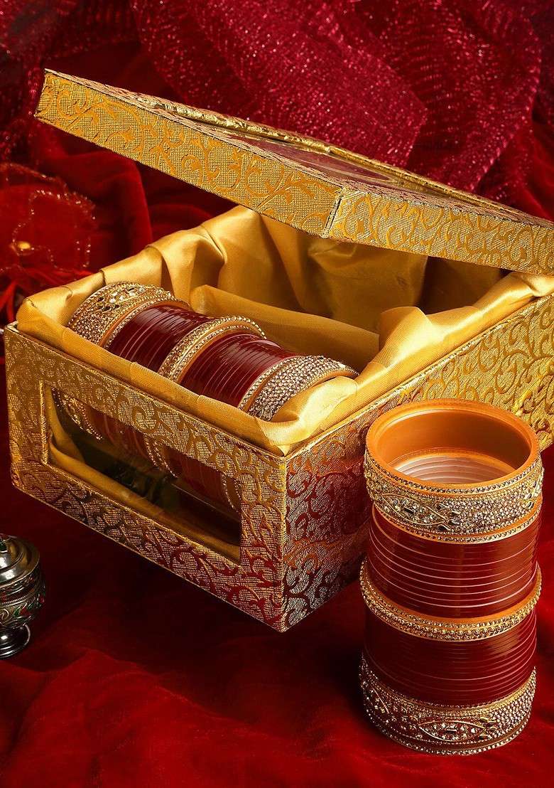 Set Of 66 Gold Plated Ad Studded Chuda Bangles - Indya