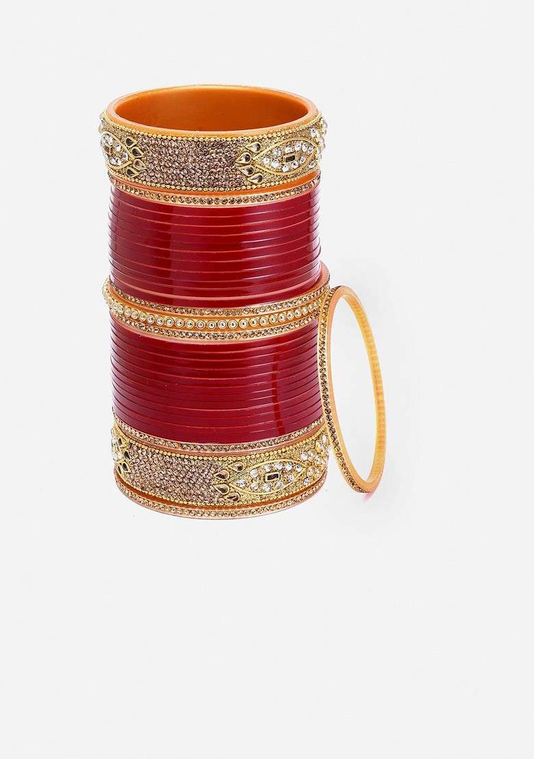Set Of 66 Gold Plated Ad Studded Chuda Bangles - Indya
