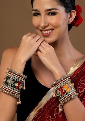 Set Of 18 Gold Plated Stone Studded And Pearls Beaded Bangles