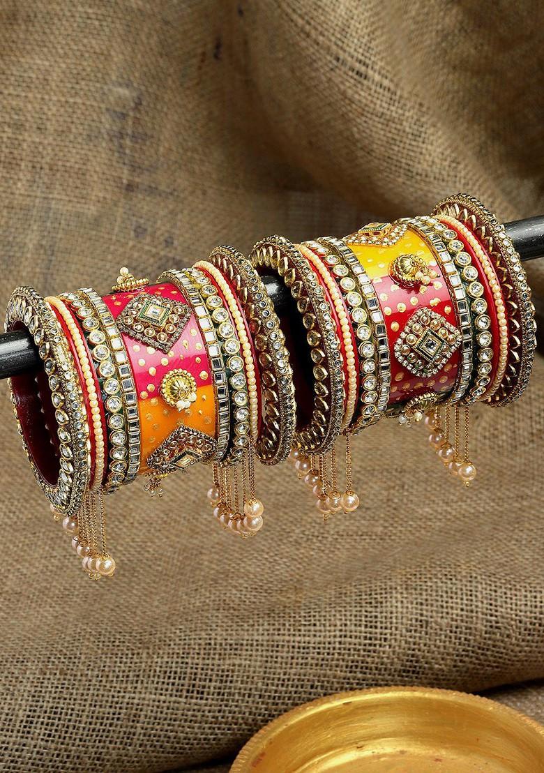 Set Of 18 Gold Plated Stone Studded And Pearls Beaded Bangles