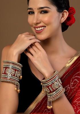Set Of 18 Gold Plated Stone Studded And Pearls Beaded Bangles Chuda Set