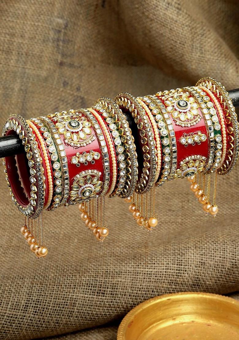 Set Of 18 Gold Plated Stone Studded And Pearls Beaded Bangles Chuda Set