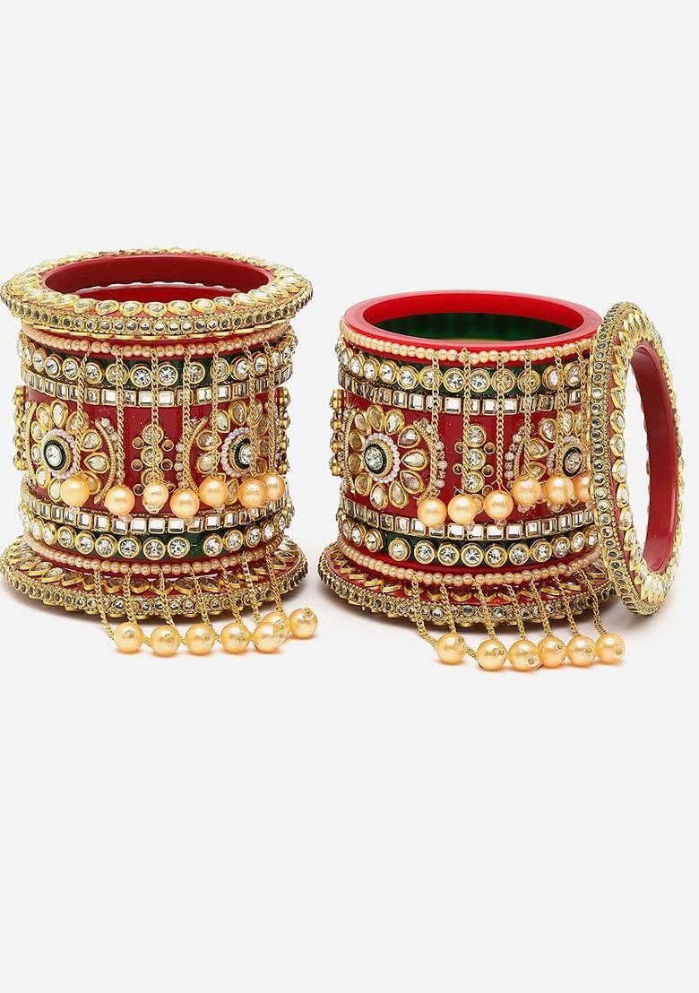 Set Of 18 Gold Plated Stone Studded And Pearls Beaded Bangles Chuda Set