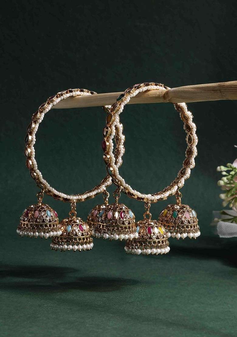 Set Of 2 Gold Plated Stone Studded Latkan Style Bangles - Indya