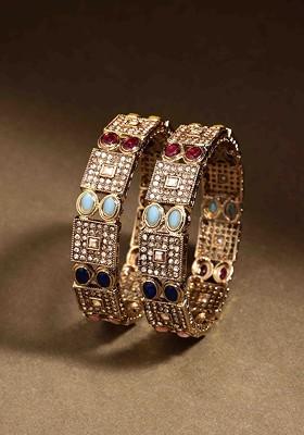 Set Of 2 Gold Plated American Diamond Stone Studded Kada Set