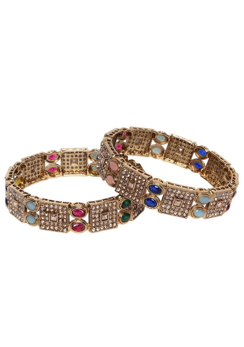 Set Of 2 Gold Plated American Diamond Stone Studded Kada Set