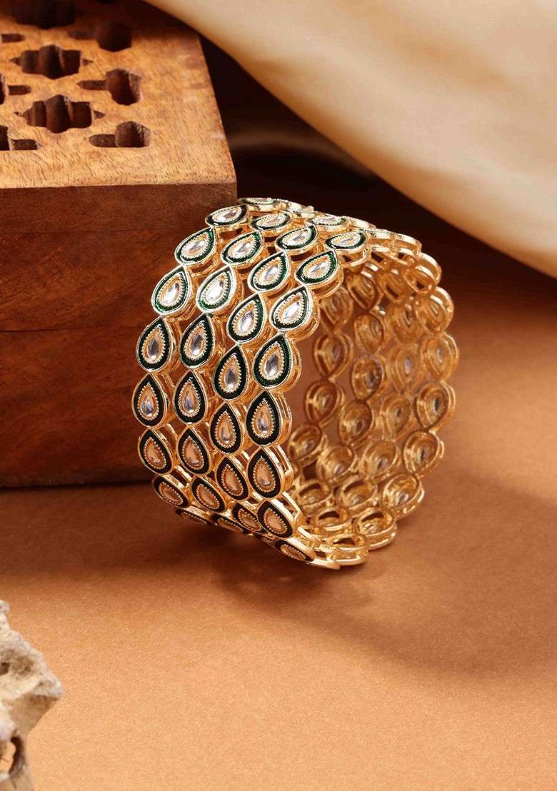 Set Of 4 Gold Plated Stone Studded Bangles - Indya