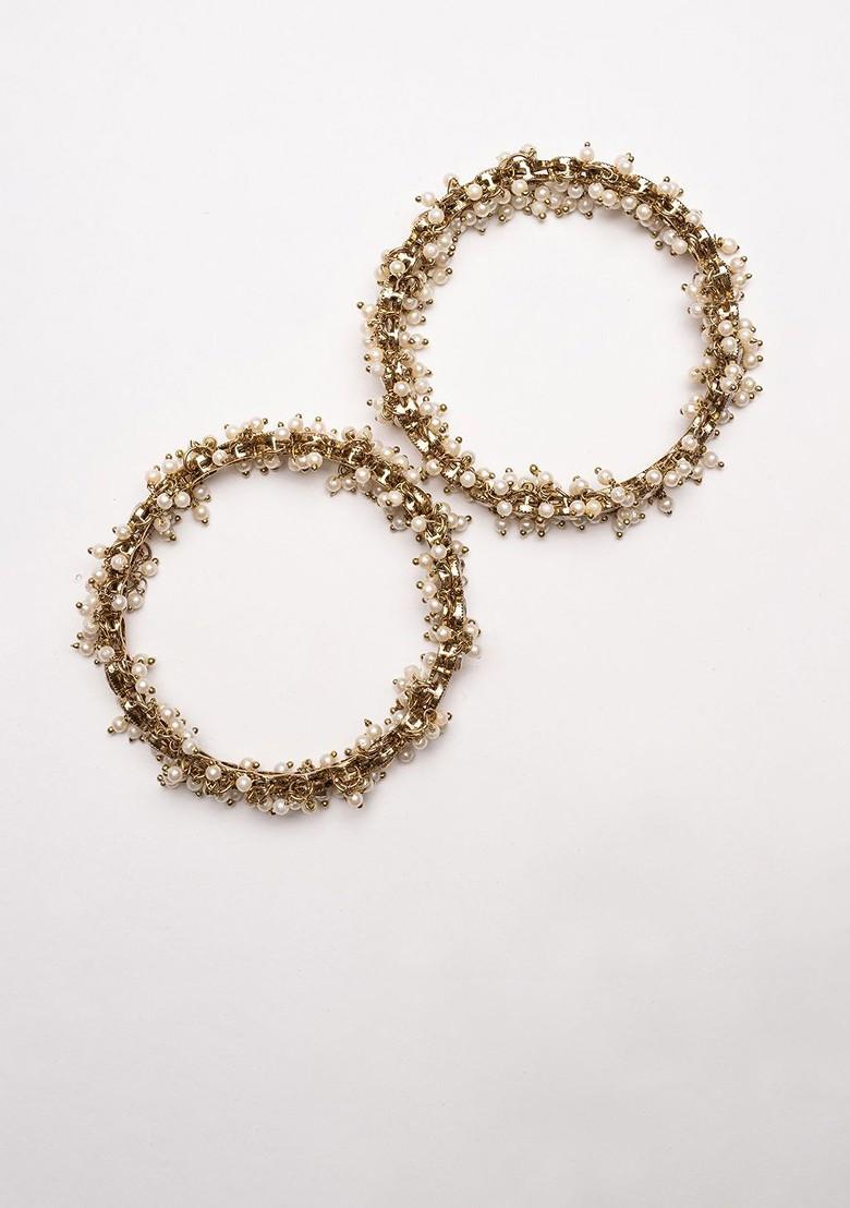 Set Of 2 Gold Plated American Diamond Stone Studded And Beaded Bangles