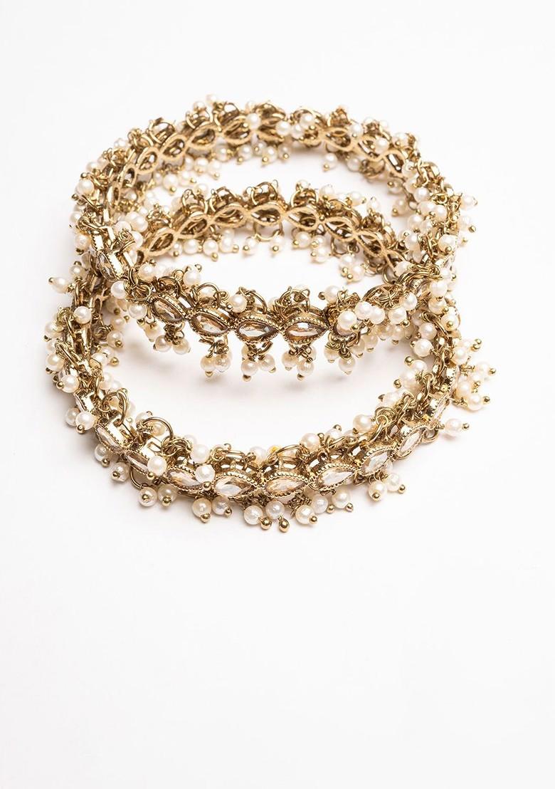 Set Of 2 Gold Plated American Diamond Stone Studded And Beaded Bangles