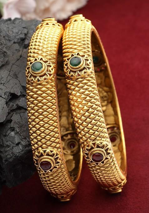 Set Of 2 24 Ct Gold Plated Ad Studded Antique Bangles