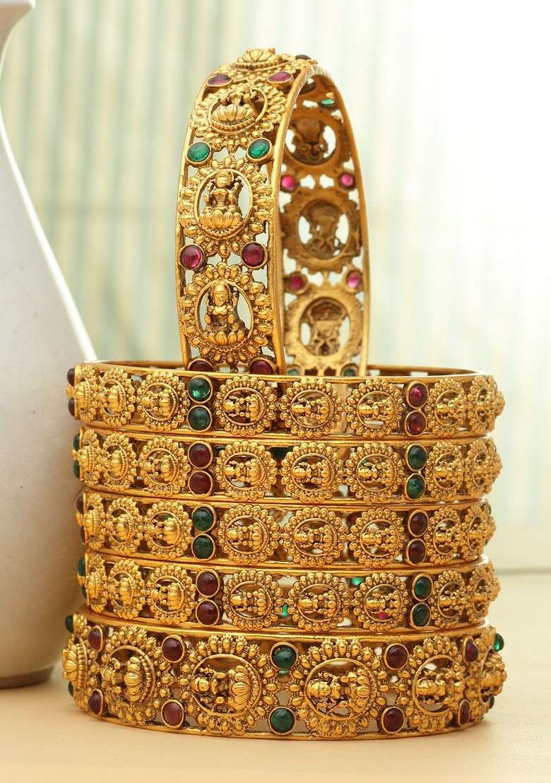 Set Of 6 24 Ct Gold Plated Handcrafted Antique Bangles - Indya
