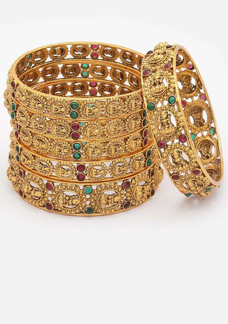 Set Of 6 24 Ct Gold Plated Handcrafted Antique Bangles - Indya