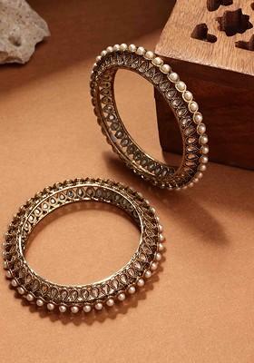 Set Of 2 Gold Plated Ad Stone Studded And Beaded Bangles