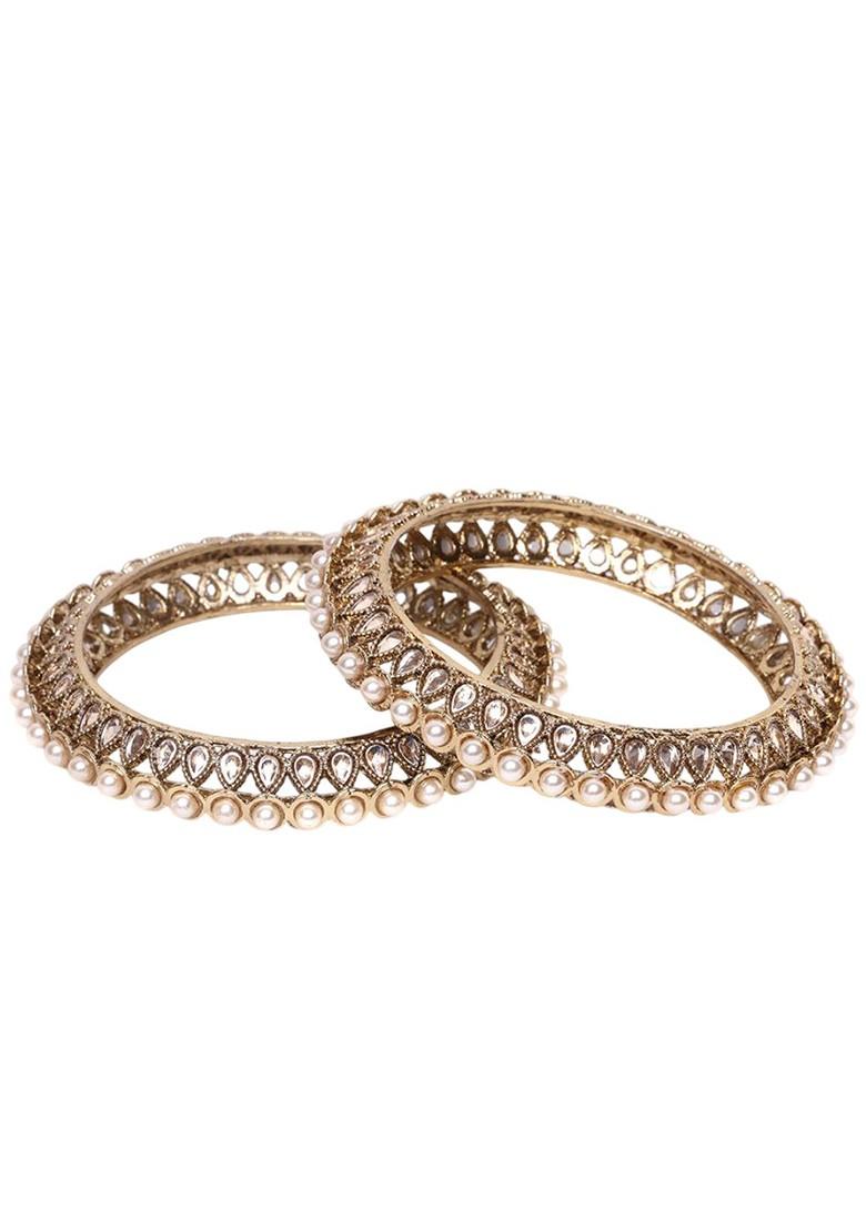 Set Of 2 Gold Plated Ad Stone Studded And Beaded Bangles