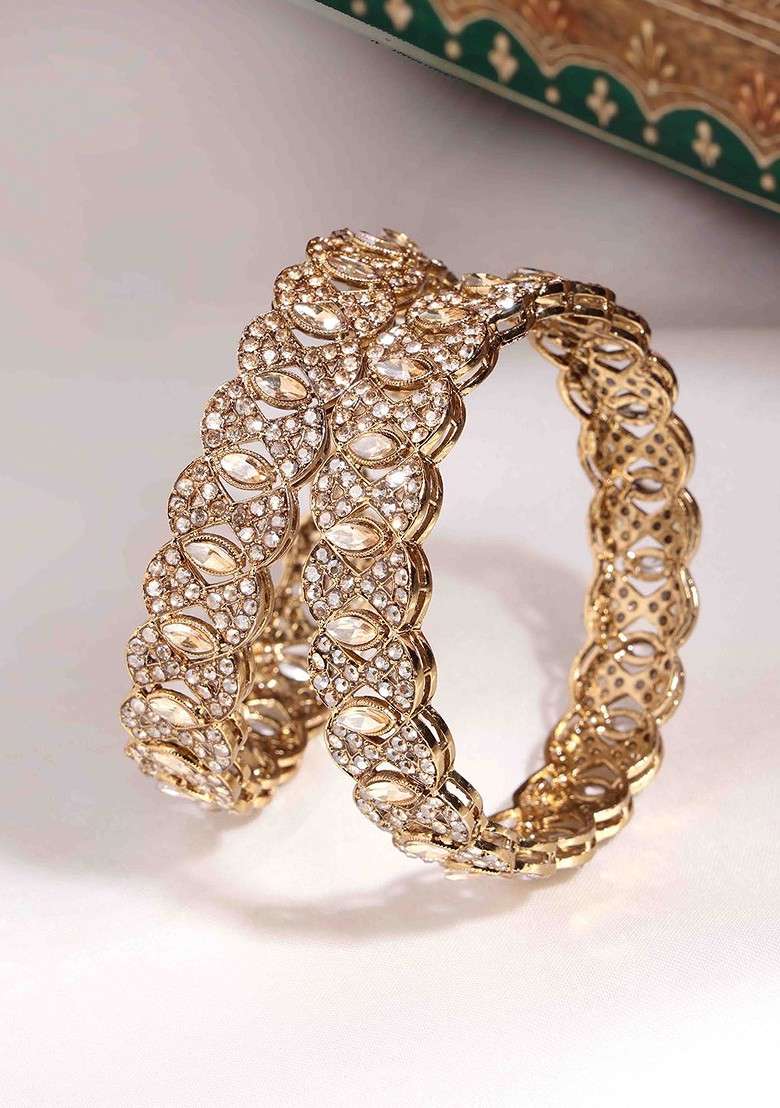 Set Of 2 Gold Plated American Diamond Stone Studded Bangles - Indya