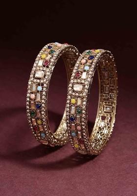 Multicoloured Set Of 2 Gold Plated Kundan Studded Bangles