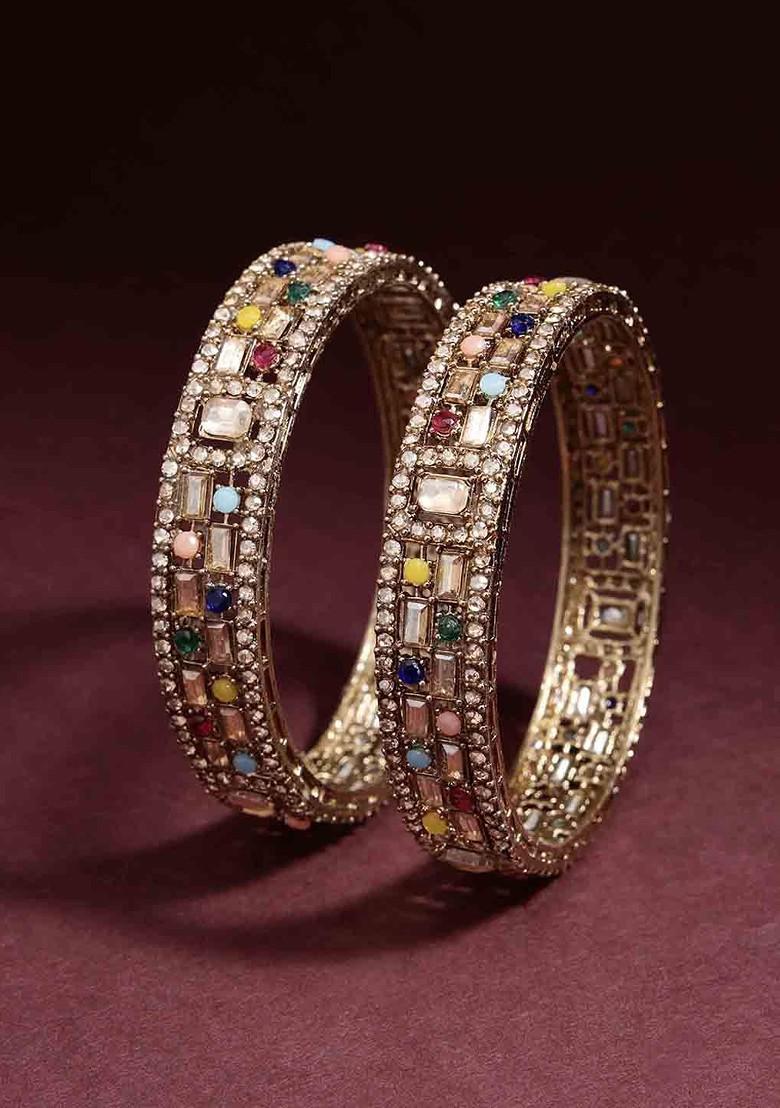 Multicoloured Set Of 2 Gold Plated Kundan Studded Bangles