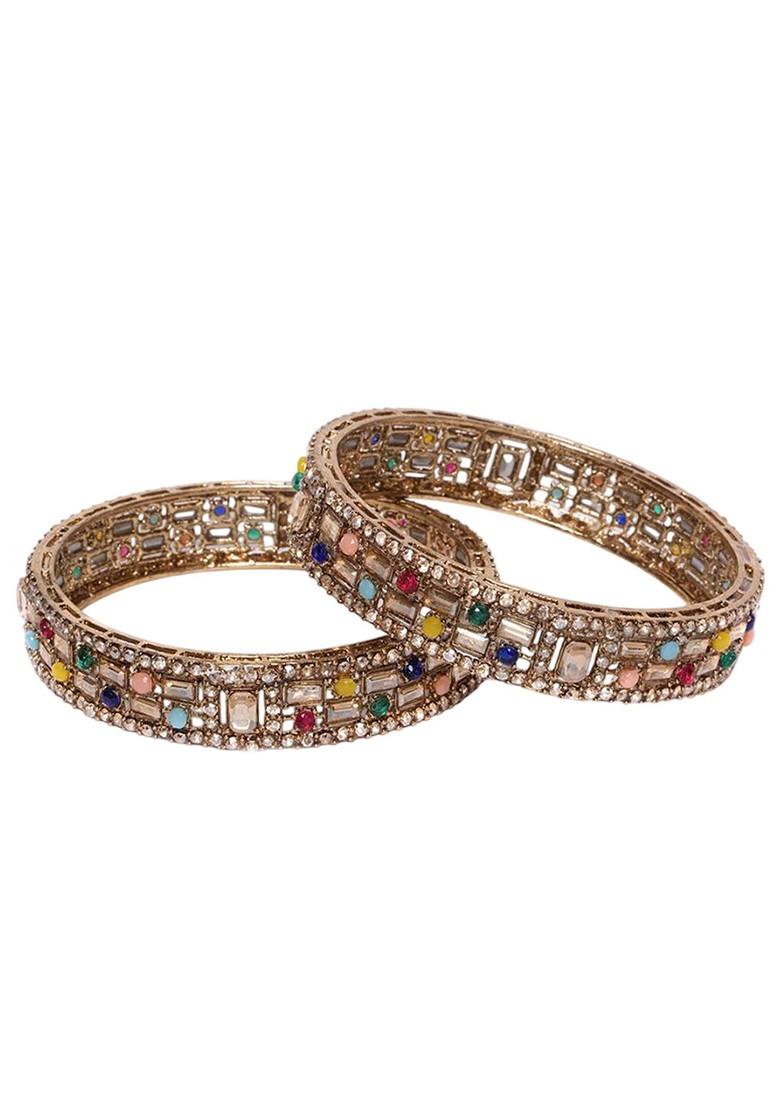 Multicoloured Set Of 2 Gold Plated Kundan Studded Bangles