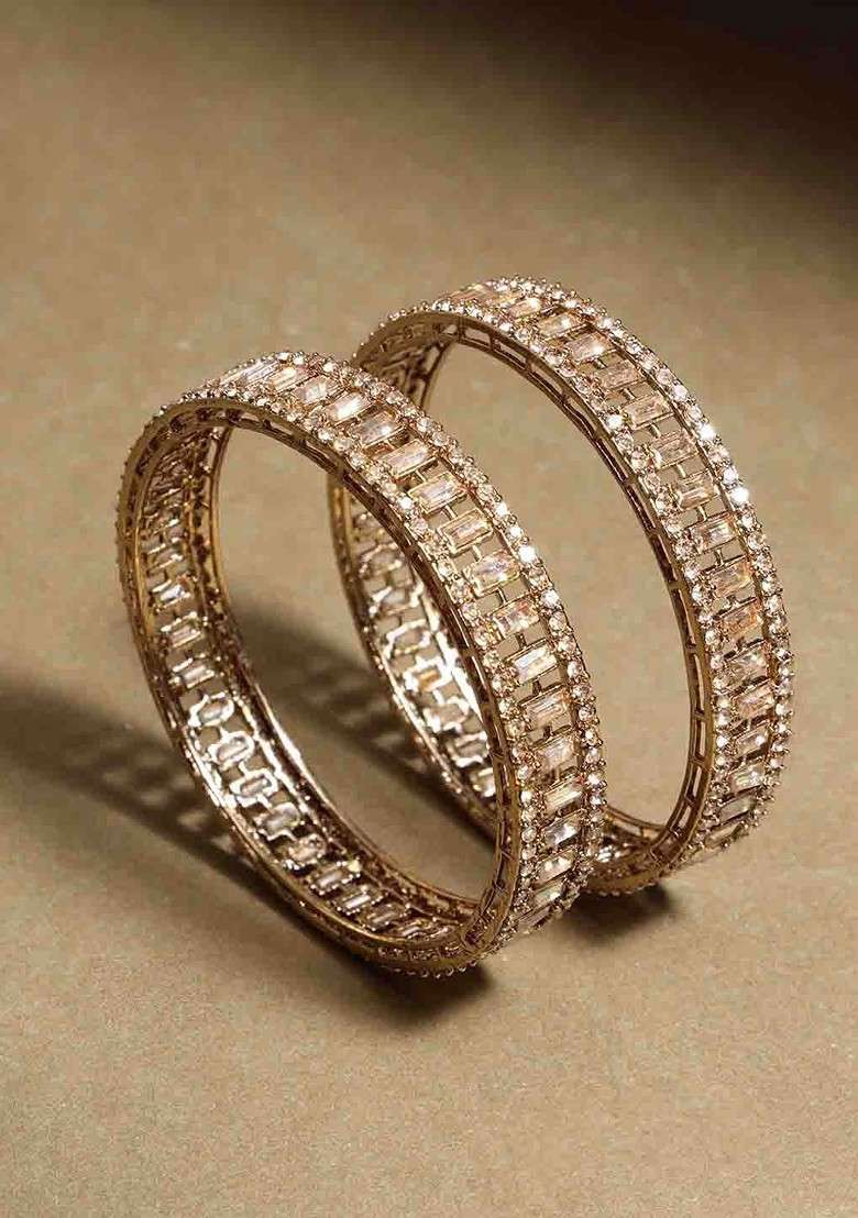 Set Of 2 Gold Plated American Diamond Stone Studded Bangles - Indya