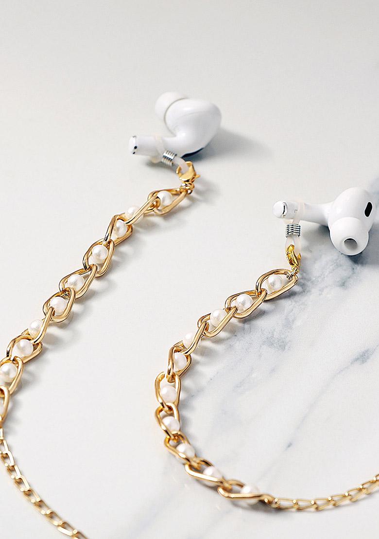 White Pearls With Gloden Links Spectacles Or Air Pods Chain