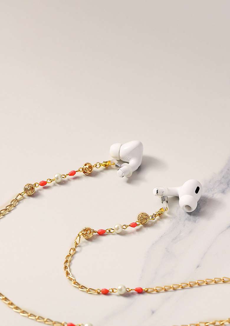 Pretty Peach With Golden Mesh Spectacles Or Air Pods Chain - Indya