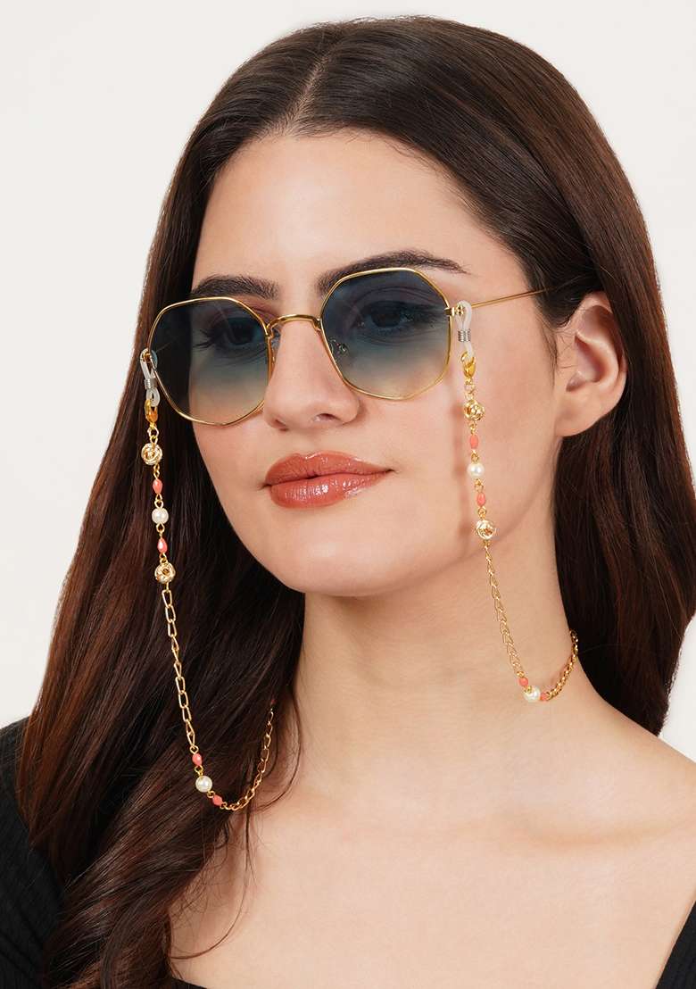 Pretty Peach With Golden Mesh Spectacles Or Air Pods Chain - Indya