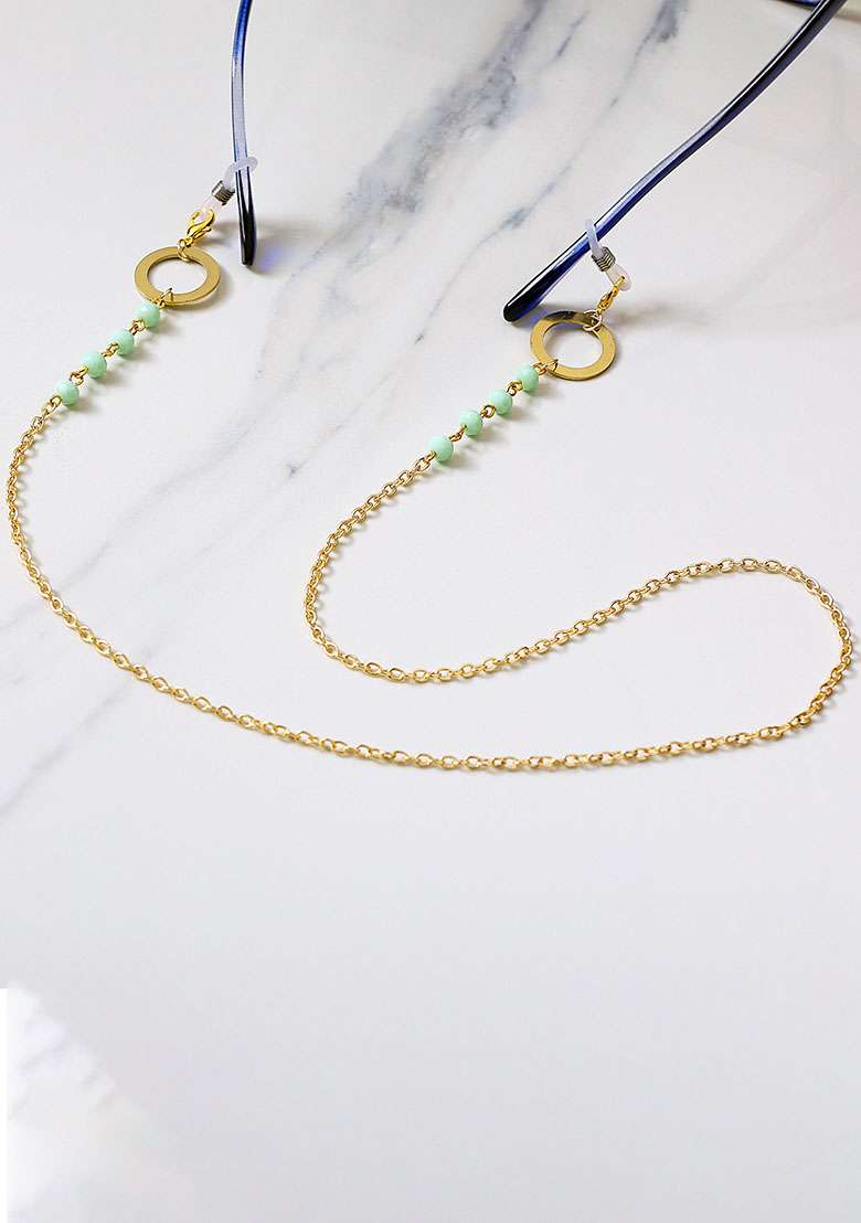 Green Beads With Golden Ring Spectacles Or Air Pods Chain - Indya