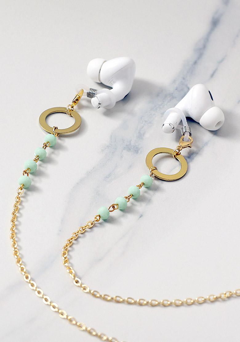 Green Beads With Golden Ring Spectacles Or Air Pods Chain