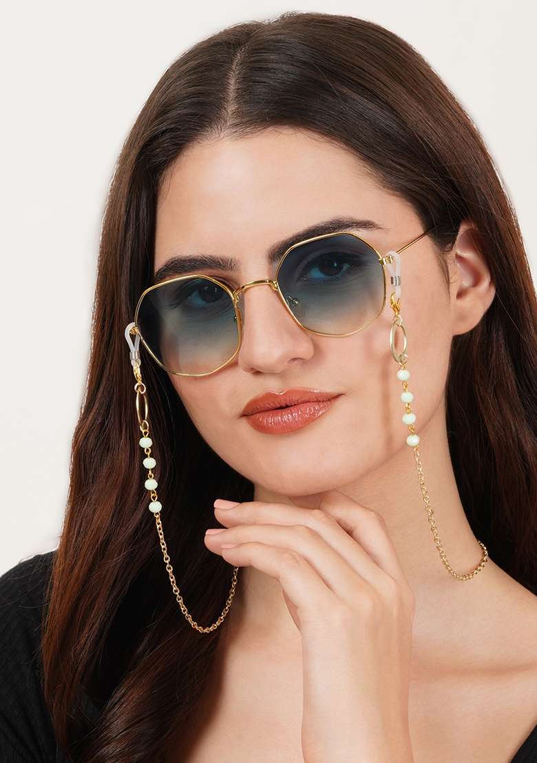 Green Beads With Golden Ring Spectacles Or Air Pods Chain - Indya