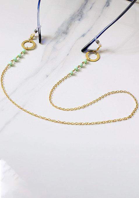 Green Beads With Golden Ring Spectacles Or Air Pods Chain
