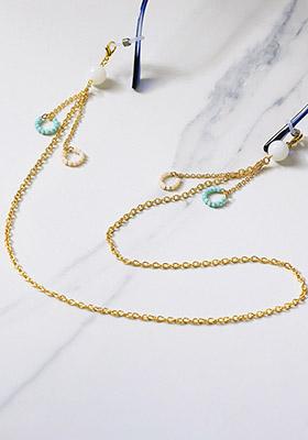 Golden Chain With Whiteand Blue Beads Ring Spectacles Or Air Pods Chain