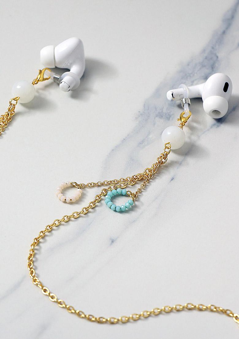 Golden Chain With Whiteand Blue Beads Ring Spectacles Or Air Pods Chain