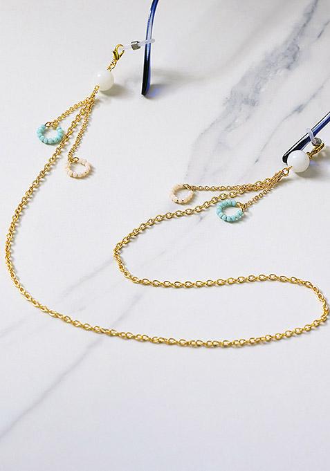 Golden Chain With Whiteand Blue Beads Ring Spectacles Or Air Pods Chain