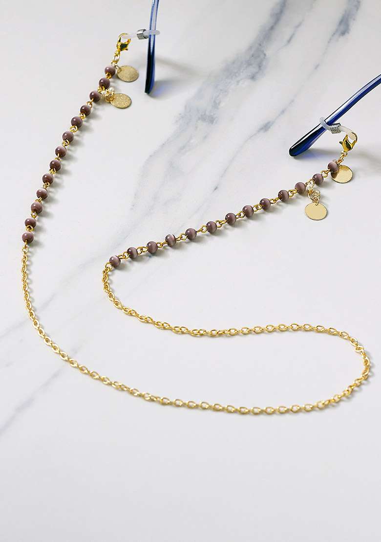 Lavender Beads With Golden Coins Spectacles Or Air Pods Chain - Indya