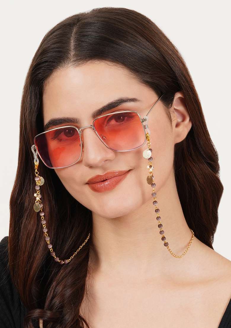 Lavender Beads With Golden Coins Spectacles Or Air Pods Chain - Indya