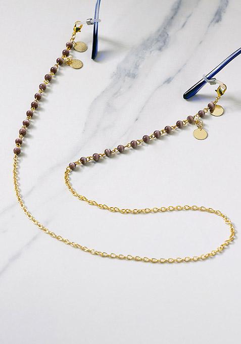 Lavender Beads With Golden Coins Spectacles Or Air Pods Chain