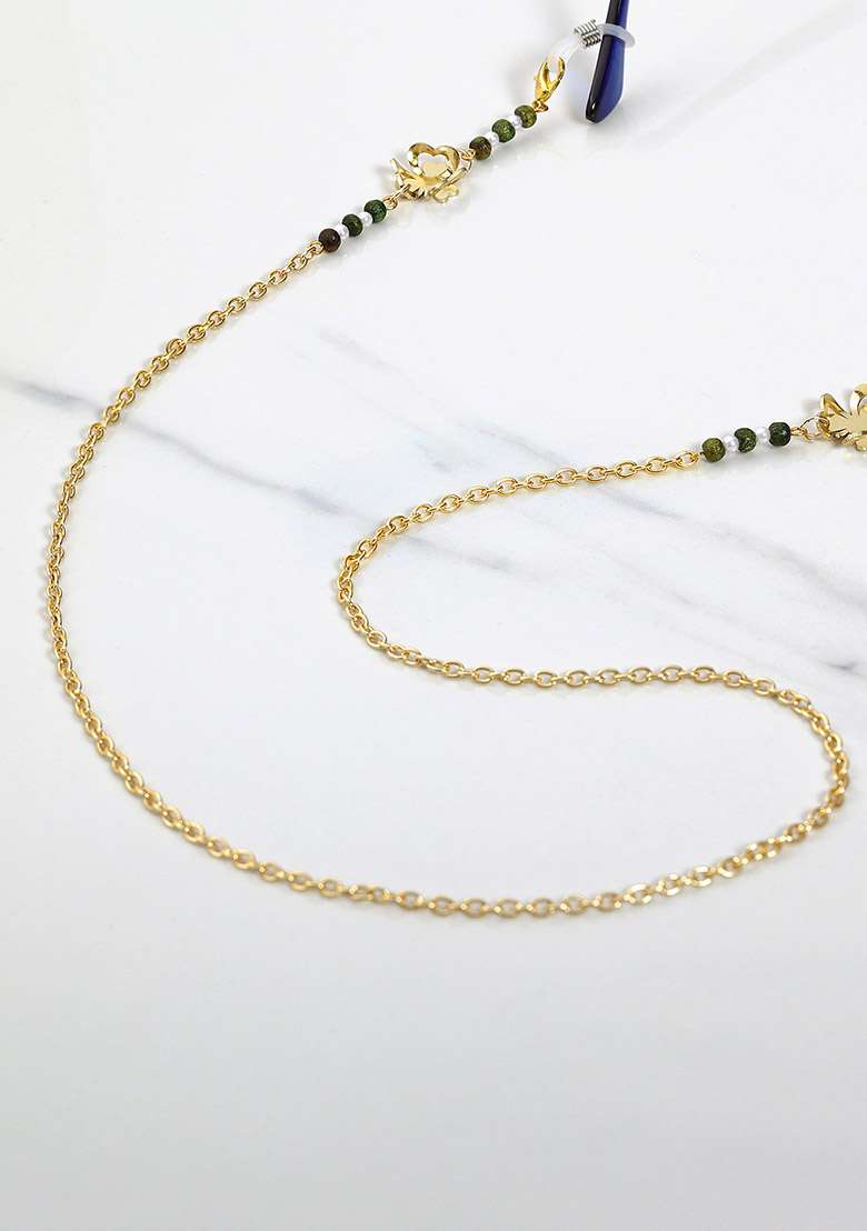 Golden Flower With Green Beads Spectacles Or Air Pods Chain - Indya