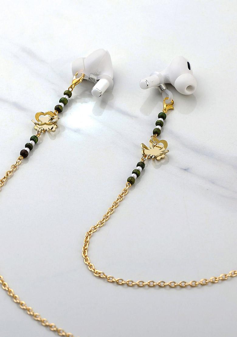 Golden Flower With Green Beads Spectacles Or Air Pods Chain