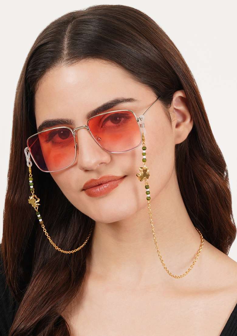 Golden Flower With Green Beads Spectacles Or Air Pods Chain - Indya