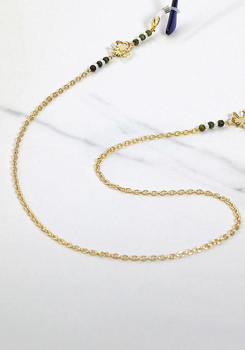 Golden Flower With Green Beads Spectacles Or Air Pods Chain