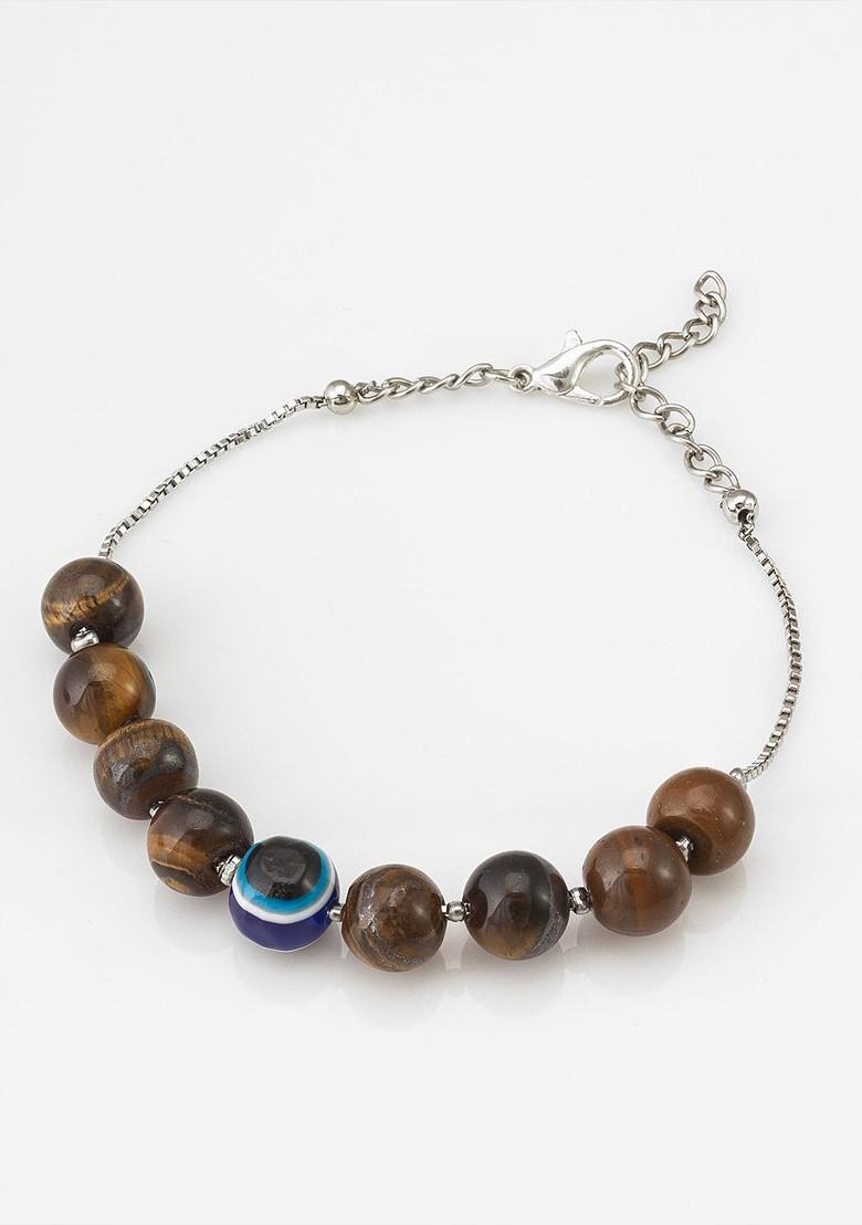 Silver Glass Pearl Evil Eye Charm Bracelet