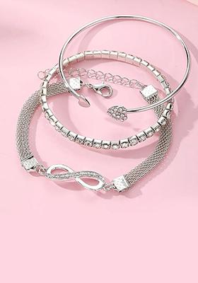 Set Of 3 Silver Plated Cz Studded Infinity And Heart Shaped Stacking Bracelet