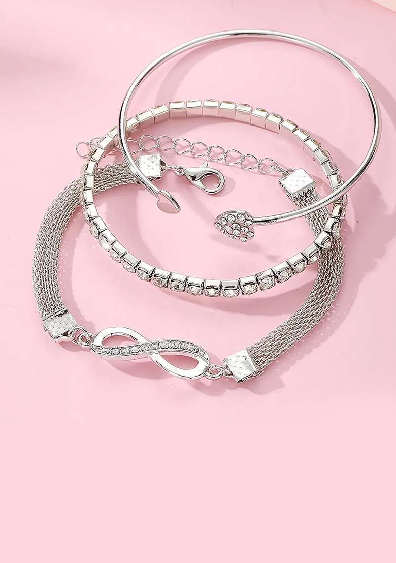 Set Of 3 Silver Plated Cz Studded Infinity And Heart Shaped Stacking Bracelet - Indya