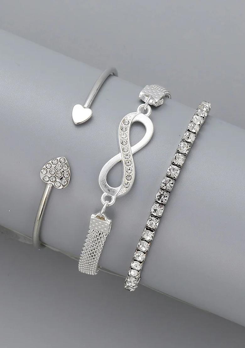Set Of 3 Silver Plated Cz Studded Infinity And Heart Shaped Stacking Bracelet