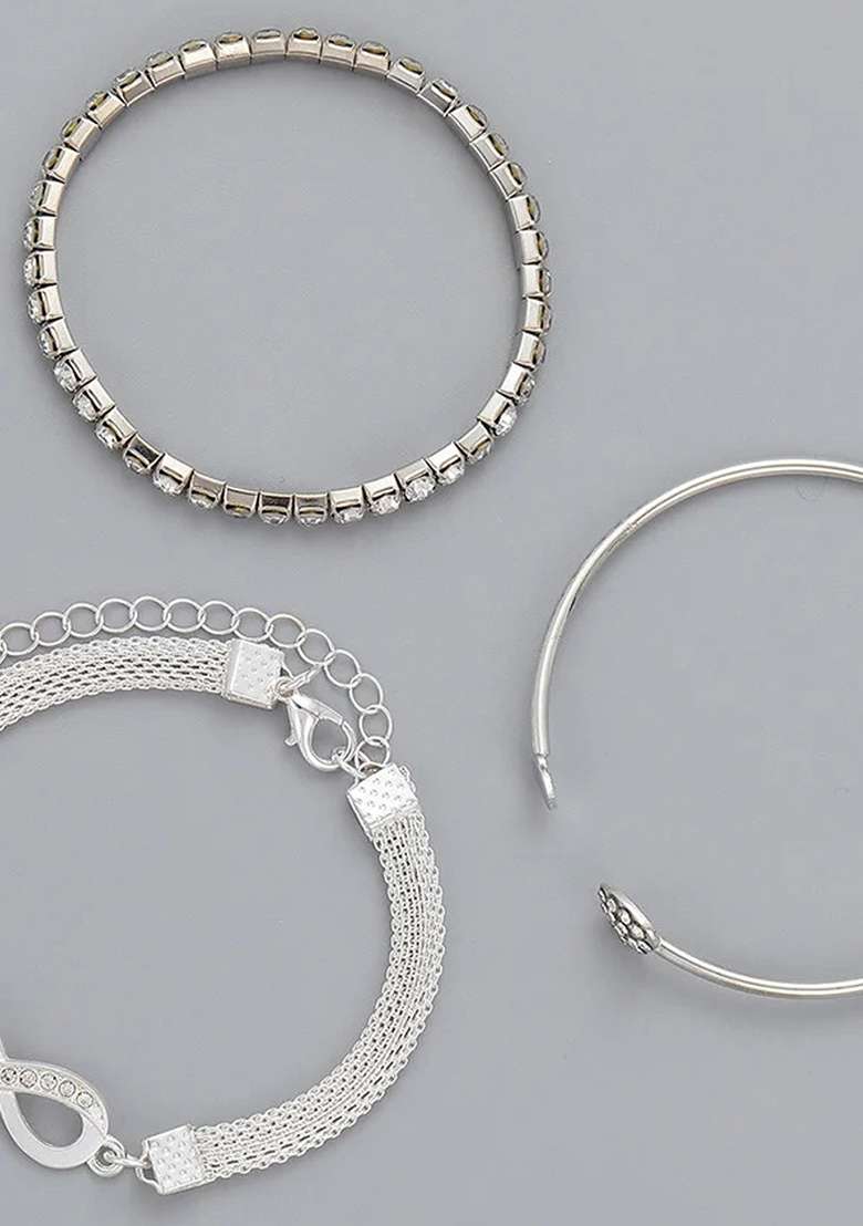 Set Of 3 Silver Plated Cz Studded Infinity And Heart Shaped Stacking Bracelet - Indya