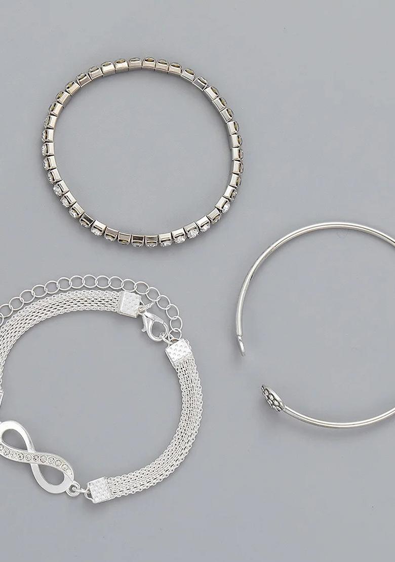 Set Of 3 Silver Plated Cz Studded Infinity And Heart Shaped Stacking Bracelet